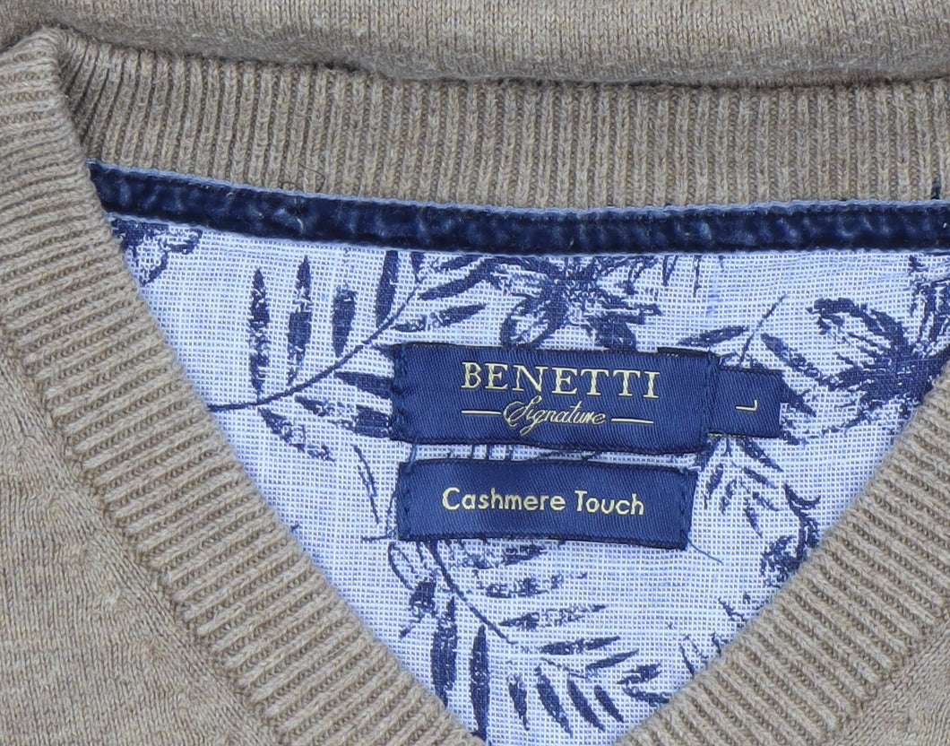 Benetti Men's Beige Cotton V-Neck Jumper L Classic Knitwear