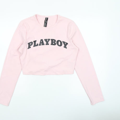 Missguided x Playboy Pink Cropped Long Sleeve Women's T-Shirt XL