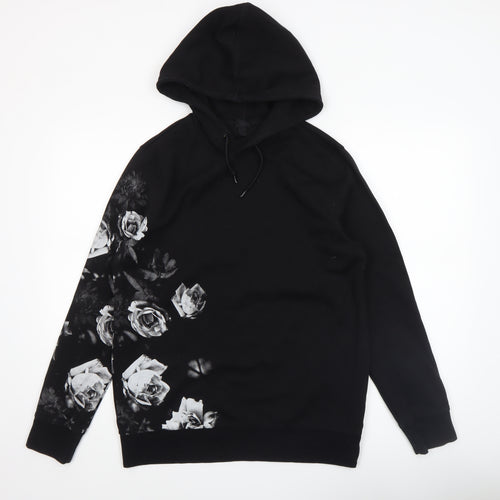 H&M Womens Black Floral Graphic Pullover Hoodie Size 12