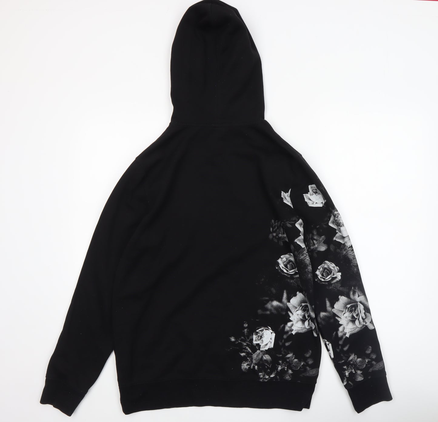 H&M Womens Black Floral Graphic Pullover Hoodie Size 12