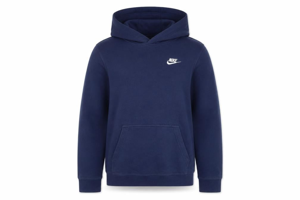 Front view of Nike boys’ navy blue xl pullover hoodie with logo and kangaroo pocket