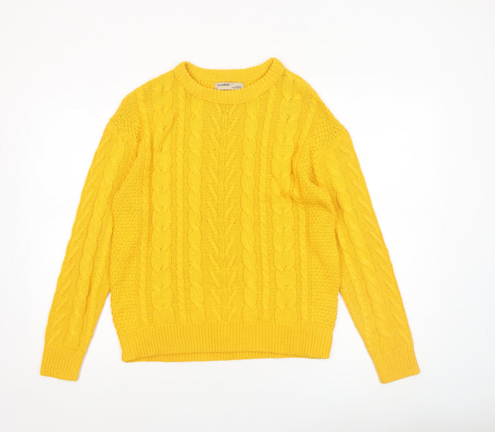 Pull&Bear Women’s Yellow Cable-Knit Cotton Jumper Size S