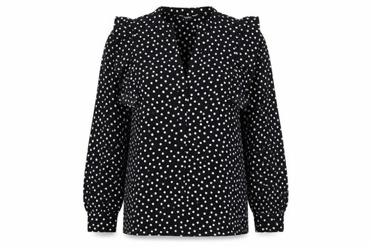 Front view of Debenhams Women’s Black White Polka Dot Ruffle Blouse, size UK 12