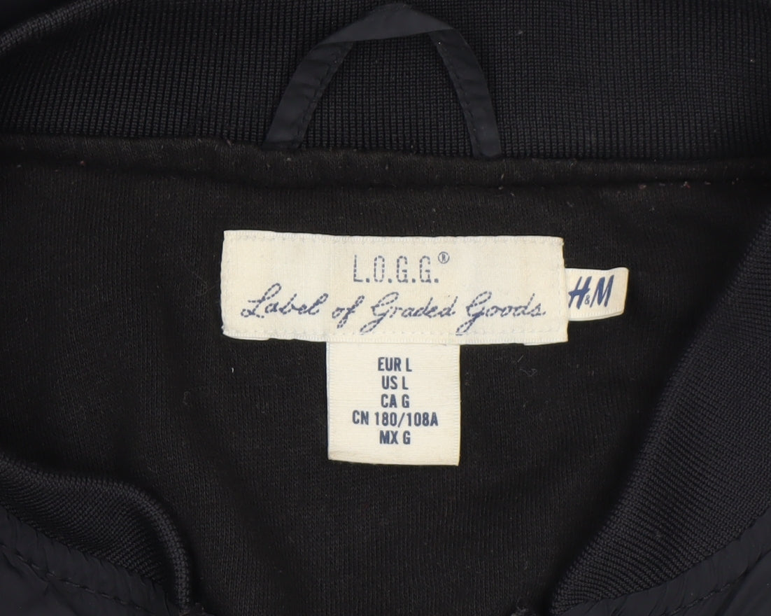 H&M L.O.G.G. Men's Black Bomber Jacket L Full Zip Casual Nylon