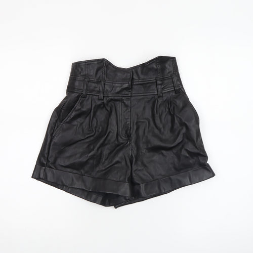 River Island Women Black Size 8 High Waist Paperbag Faux Leather Shorts