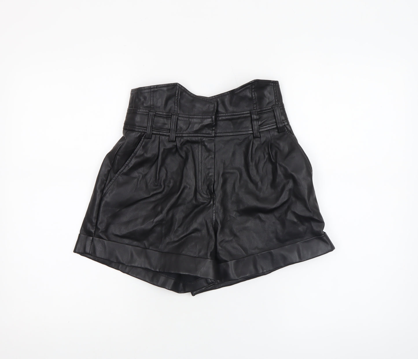 River Island Women Black Size 8 High Waist Paperbag Faux Leather Shorts