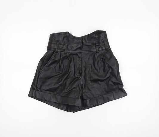 River Island Women Black Size 8 High Waist Paperbag Faux Leather Shorts