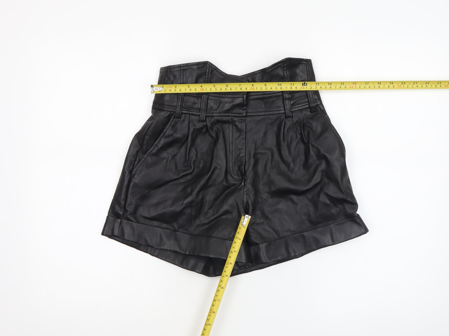River Island Women Black Size 8 High Waist Paperbag Faux Leather Shorts