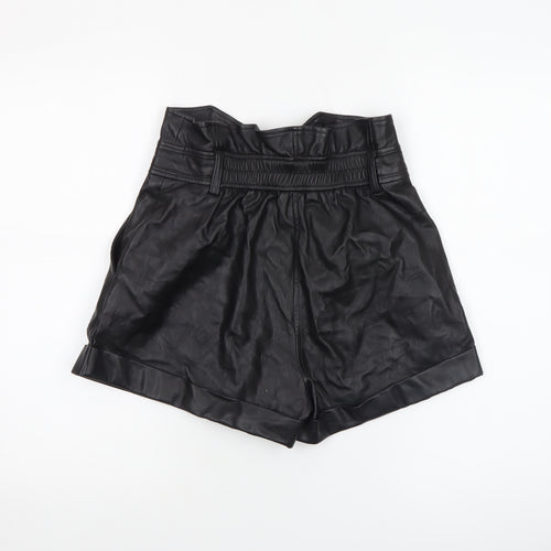 River Island Women Black Size 8 High Waist Paperbag Faux Leather Shorts