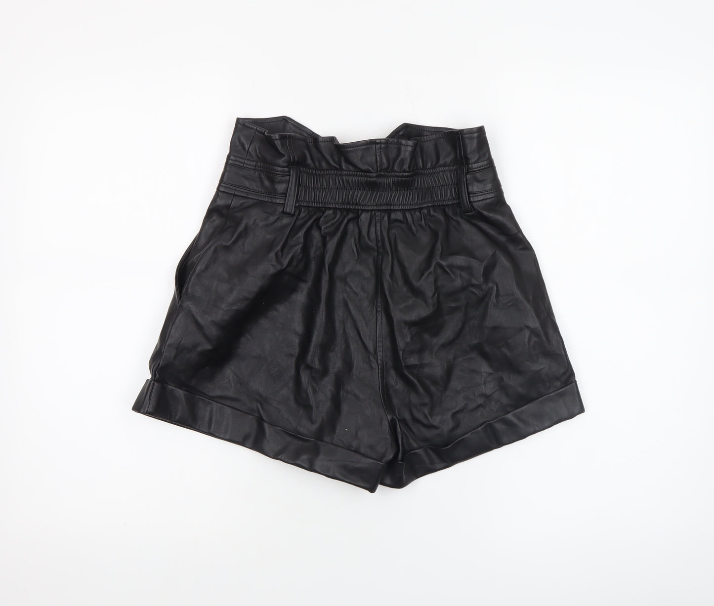 River Island Women Black Size 8 High Waist Paperbag Faux Leather Shorts