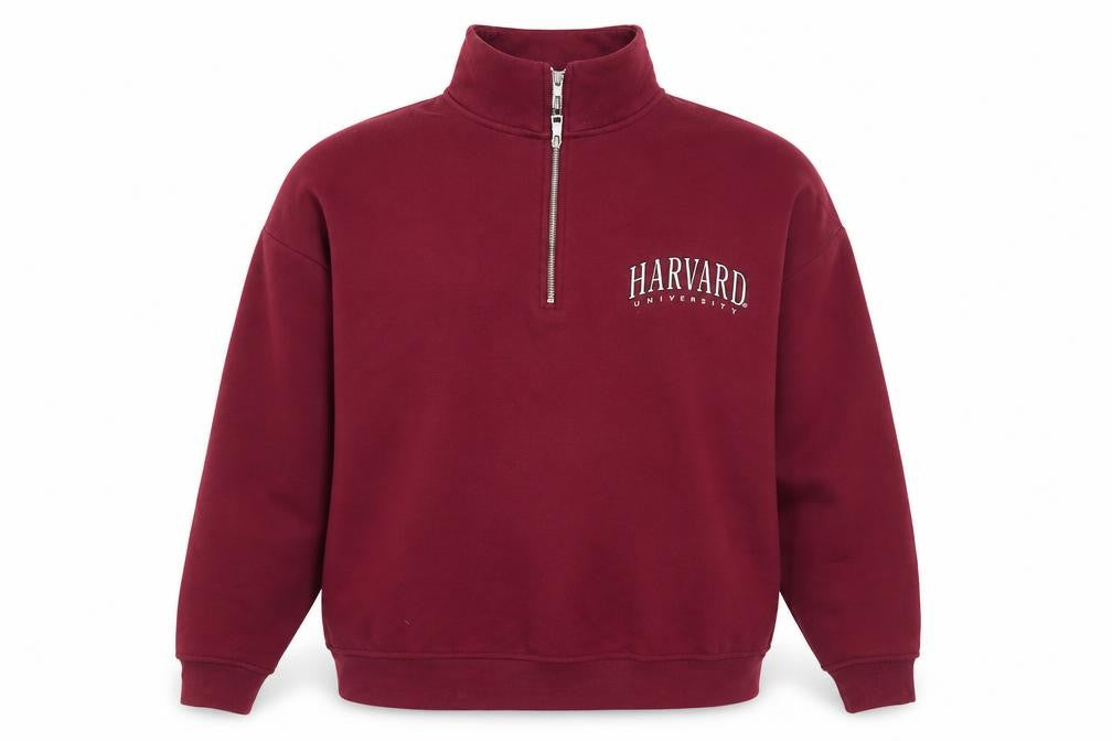 Front view of Harvard University Burgundy 1/4 Zip Women's Sweatshirt, size L
