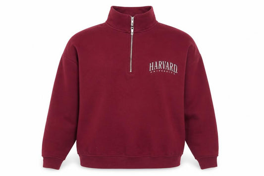 Front view of Harvard University Burgundy 1/4 Zip Women's Sweatshirt, size L