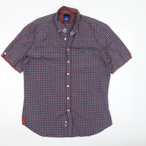 Benetti Men's Blue Checked Short Sleeve Button-Up Shirt L Slim Fit