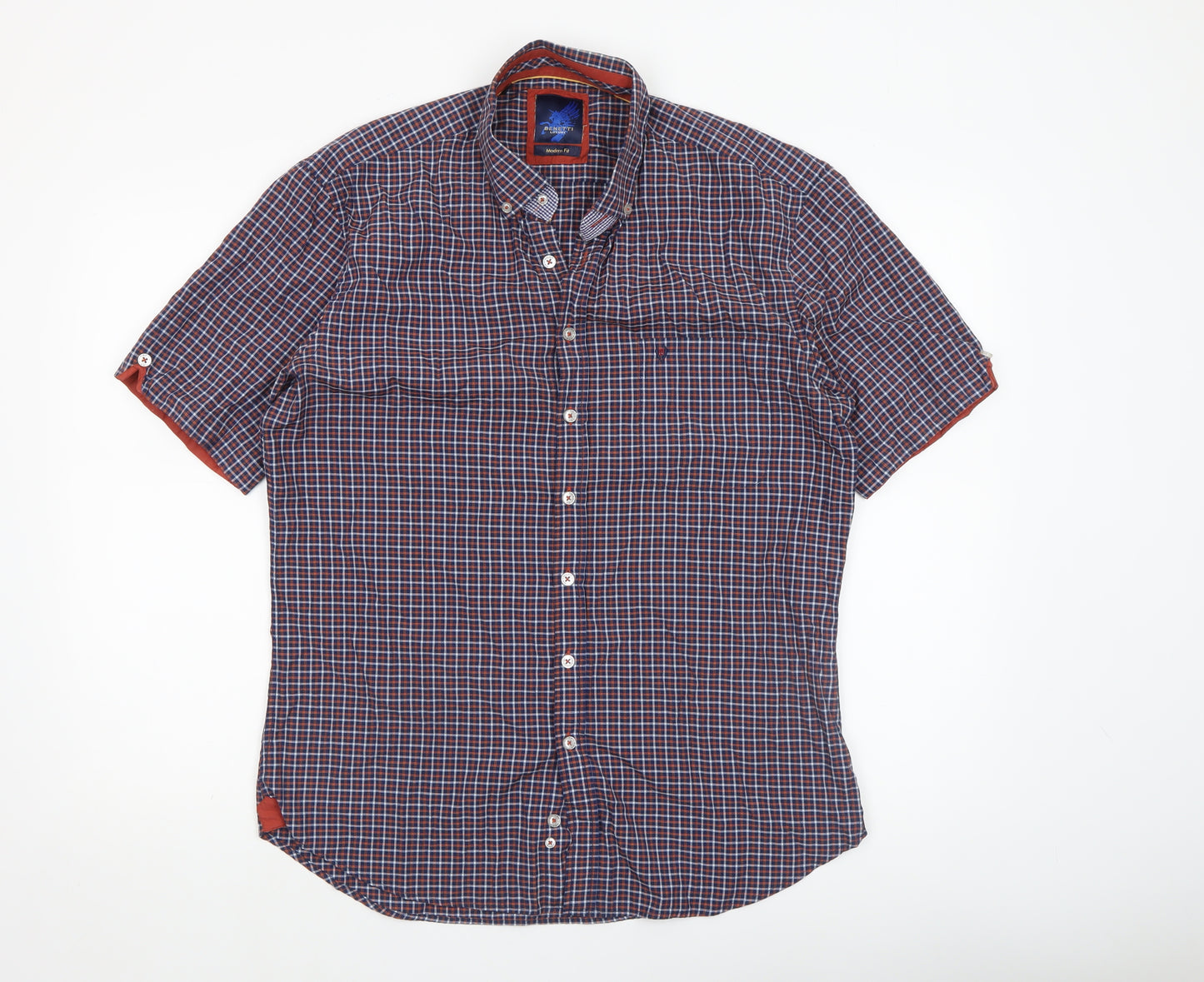Benetti Men's Blue Checked Short Sleeve Button-Up Shirt L Slim Fit