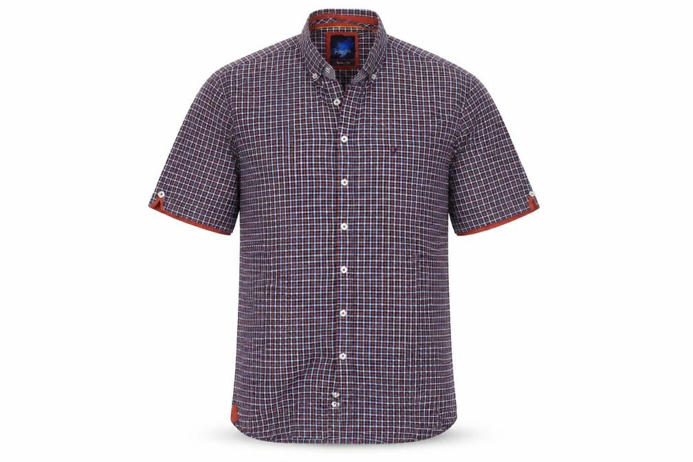Front view of Benetti Men's Blue Checked Short Sleeve Button-Up Shirt L Slim Fit