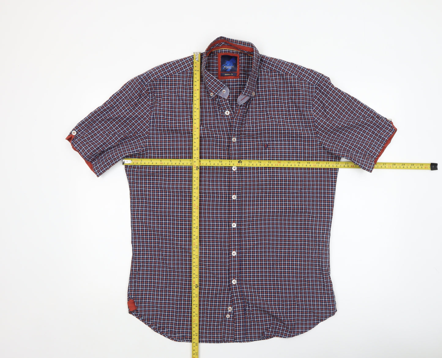 Benetti Men's Blue Checked Short Sleeve Button-Up Shirt L Slim Fit
