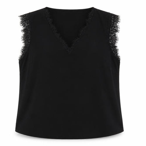 Gallery Women's Black Lace Trim Sleeveless V-Neck Blouse Size L
