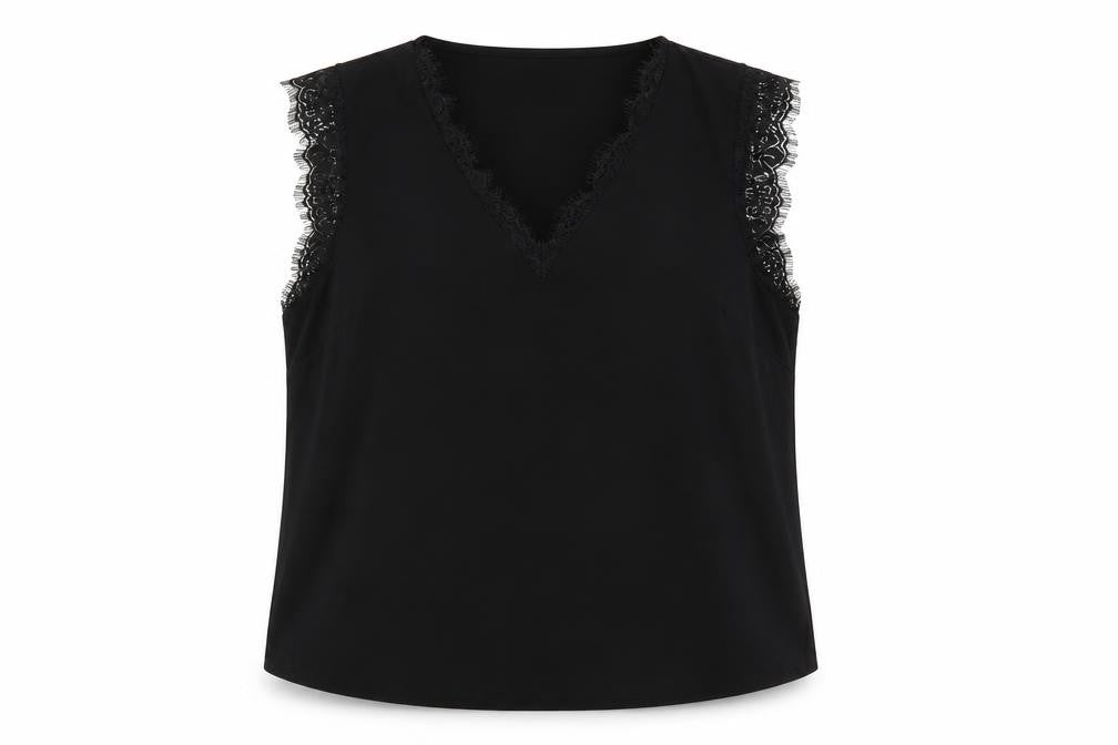 Gallery Women's Black Lace Trim Sleeveless V-Neck Blouse Size L