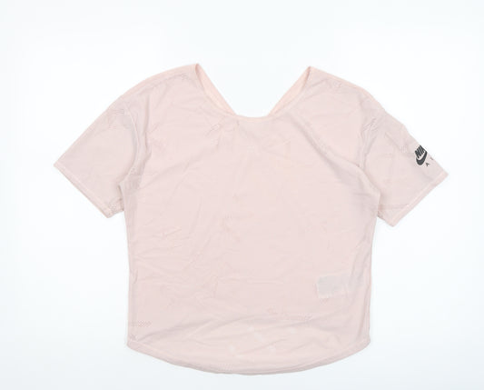 Nike Women Pink Dri-Fit Mesh Short Sleeve V-Neck Training T-Shirt XS