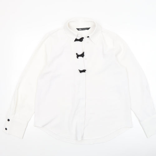 ZARA Women White XS Classic Button-Up Bow Accent Shirt