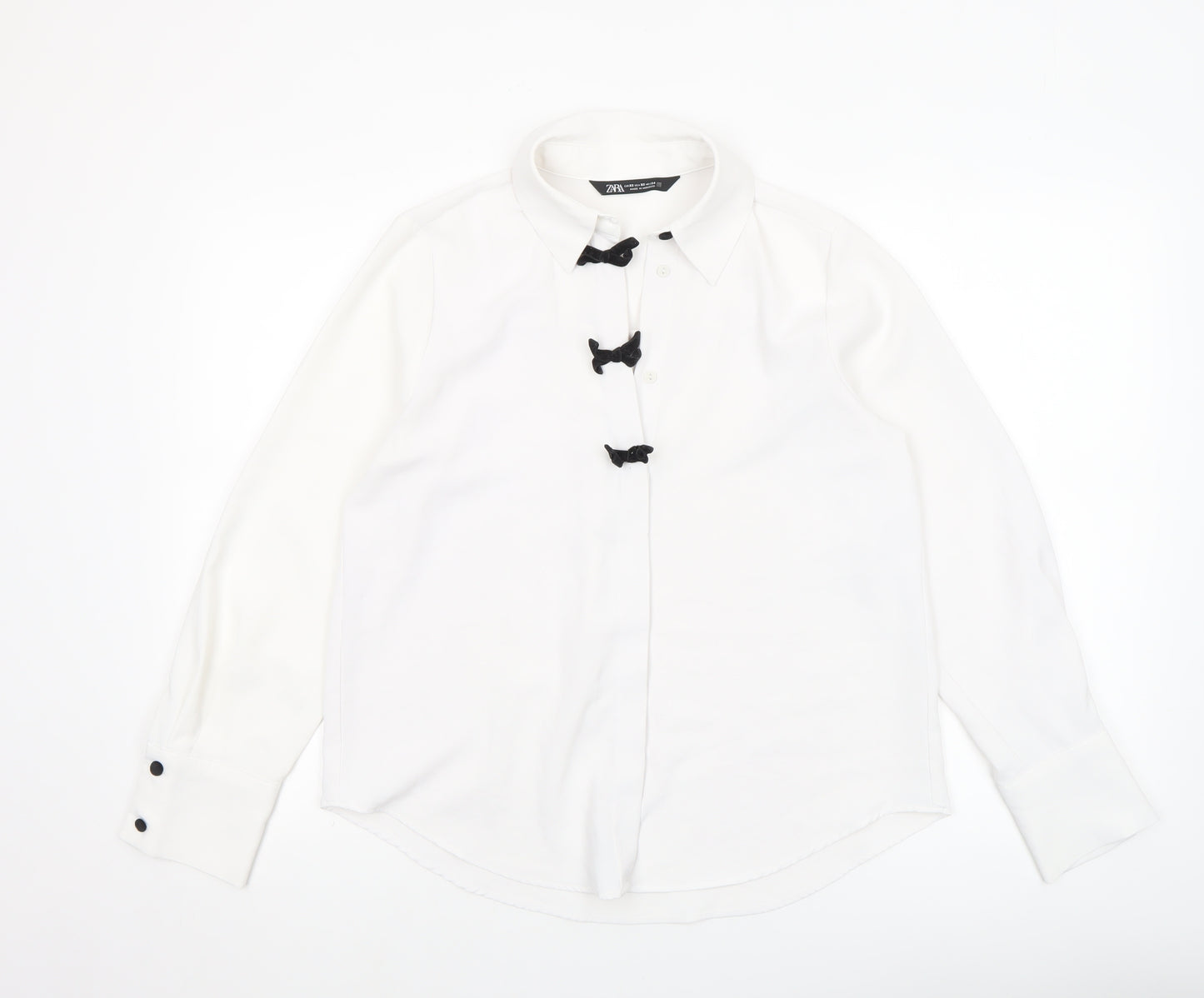 ZARA Women White XS Classic Button-Up Bow Accent Shirt