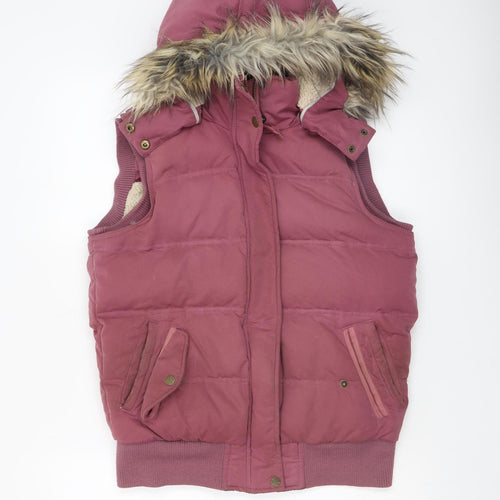 Fat Face Women's Pink Hooded Puffer Waistcoat Size 10 Fur Trim Outdoor Gilet