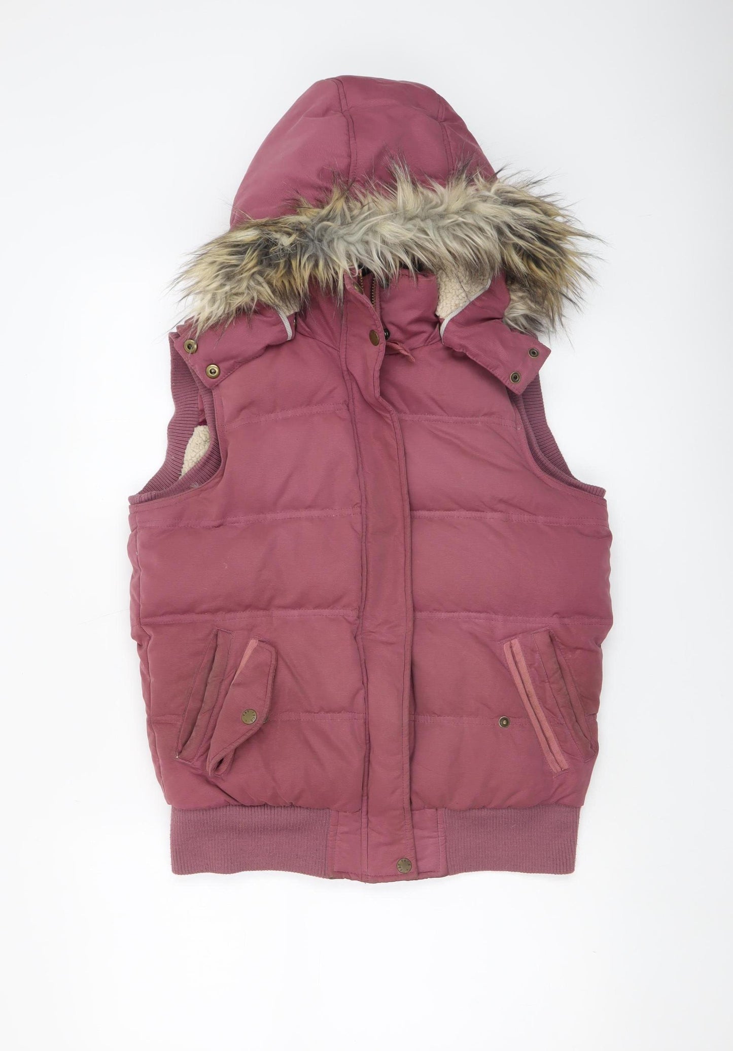 Fat Face Women's Pink Hooded Puffer Waistcoat Size 10 Fur Trim Outdoor Gilet
