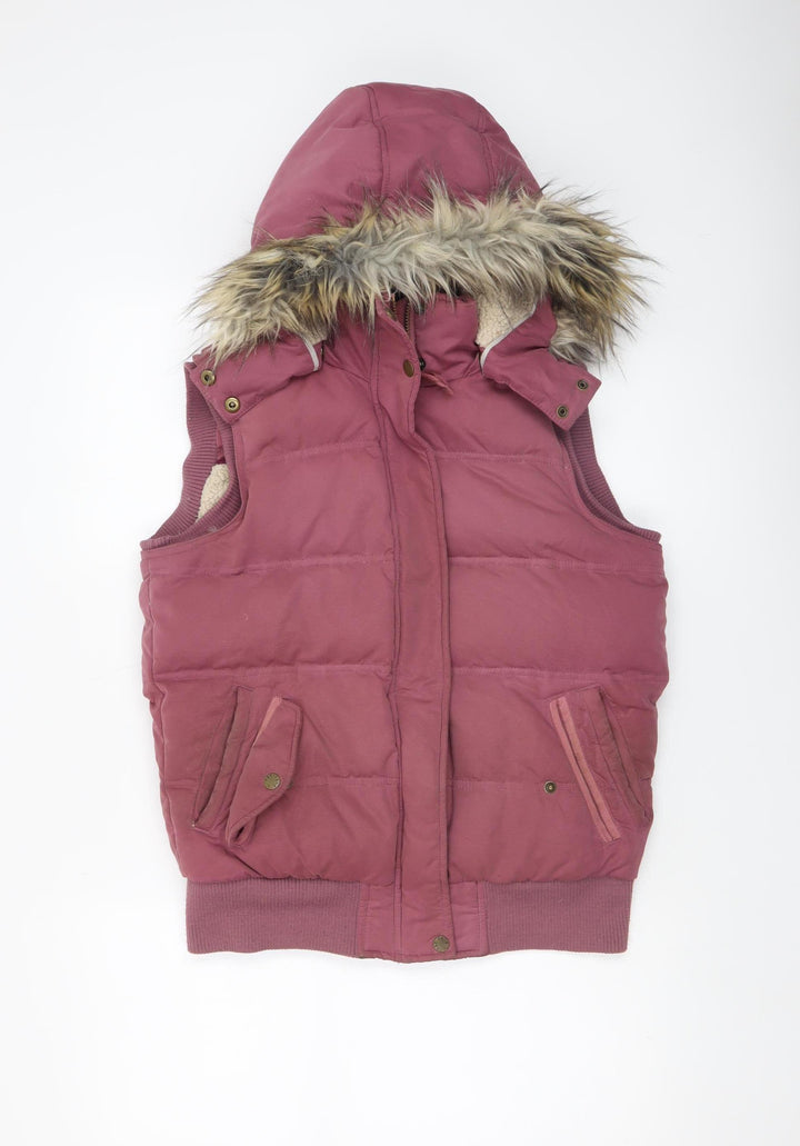 Fat Face Women's Pink Hooded Puffer Waistcoat Size 10 Fur Trim Outdoor Gilet