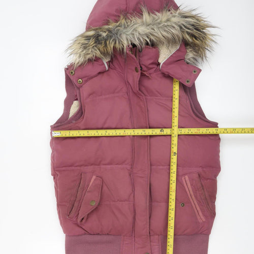Fat Face Women's Pink Hooded Puffer Waistcoat Size 10 Fur Trim Outdoor Gilet
