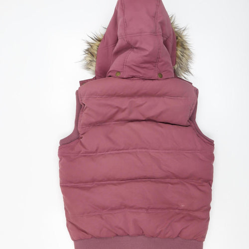 Fat Face Women's Pink Hooded Puffer Waistcoat Size 10 Fur Trim Outdoor Gilet