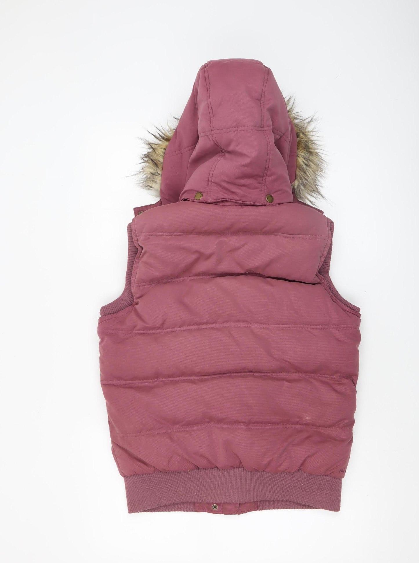 Fat Face Women's Pink Hooded Puffer Waistcoat Size 10 Fur Trim Outdoor Gilet