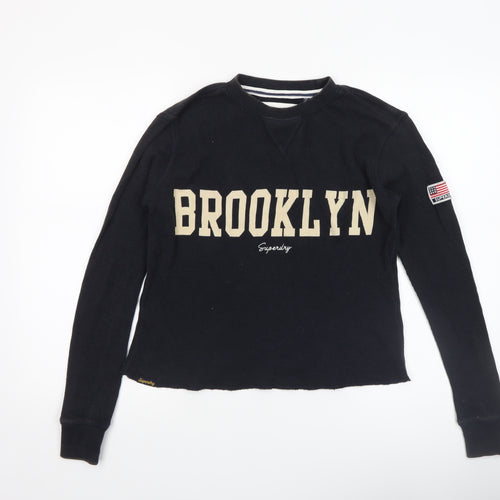 Superdry Women's Black Cropped Knit Long Sleeve Brooklyn T-Shirt Size 8