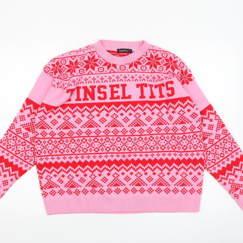 Boohoo Women Pink Red Fair Isle Ugly Christmas Jumper Size L