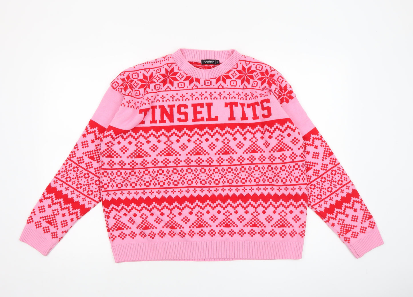 Boohoo Women Pink Red Fair Isle Ugly Christmas Jumper Size L