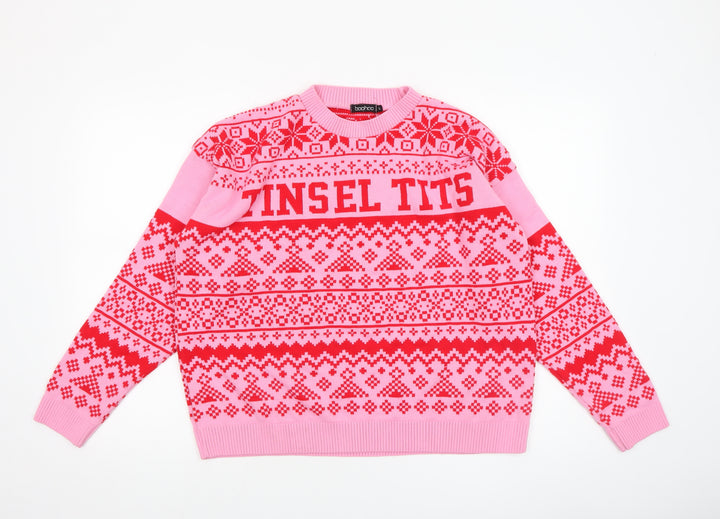 Boohoo Women Pink Red Fair Isle Ugly Christmas Jumper Size L