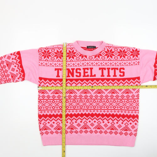 Boohoo Women Pink Red Fair Isle Ugly Christmas Jumper Size L