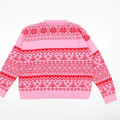 Boohoo Women Pink Red Fair Isle Ugly Christmas Jumper Size L