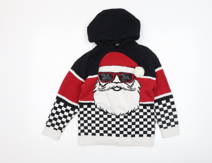 Next Boys Black Red Santa Hooded Christmas Jumper 9 Years 100% Cotton