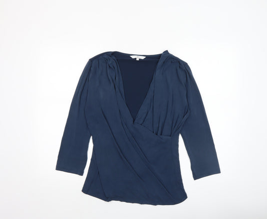 Jasper Conran Women Blue Wrap Blouse Size 14 3/4 Sleeve Modal Blend