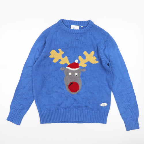 Crazy Granny Women Blue Christmas Reindeer Crew Neck Jumper XS
