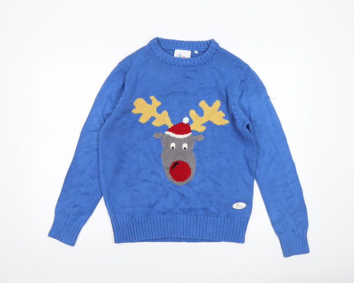 Crazy Granny Women Blue Christmas Reindeer Crew Neck Jumper XS