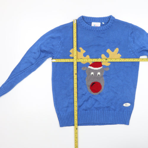 Crazy Granny Women Blue Christmas Reindeer Crew Neck Jumper XS