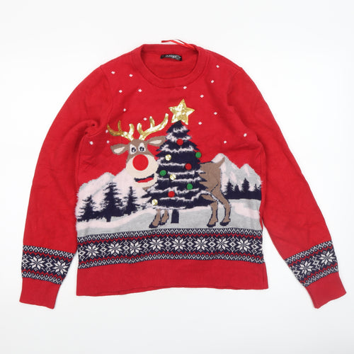 Dunnes Women's Red Christmas Reindeer Fair Isle Knit Jumper Size S