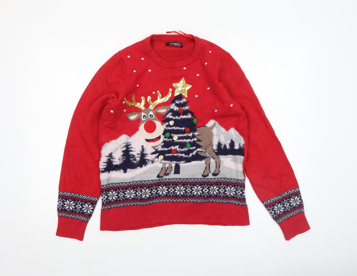 Dunnes Women's Red Christmas Reindeer Fair Isle Knit Jumper Size S