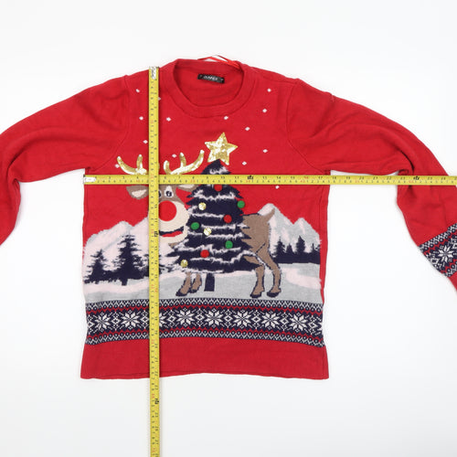Dunnes Women's Red Christmas Reindeer Fair Isle Knit Jumper Size S