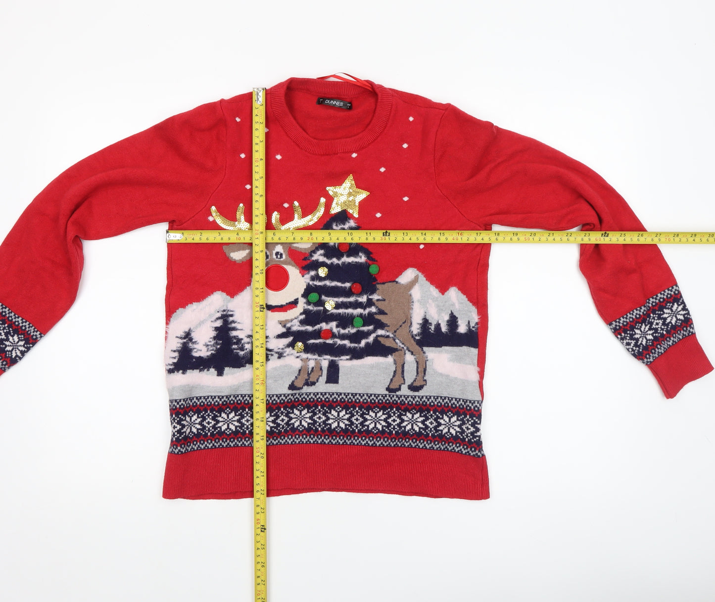 Dunnes Women's Red Christmas Reindeer Fair Isle Knit Jumper Size S