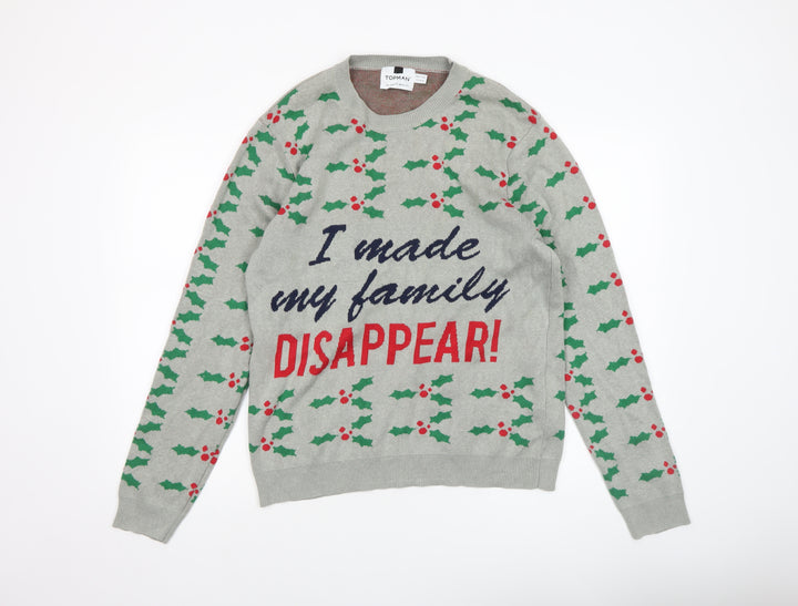 Topman Men's Grey Christmas Graphic Pullover Jumper Size L