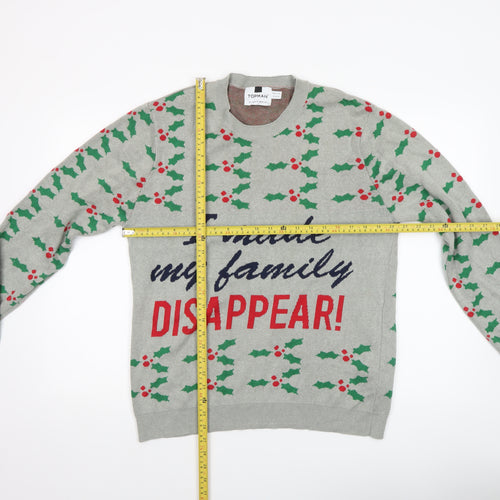 Topman Men's Grey Christmas Graphic Pullover Jumper Size L
