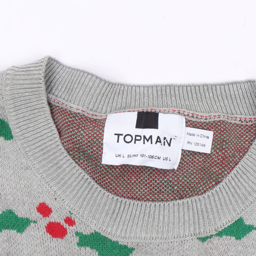 Topman Men's Grey Christmas Graphic Pullover Jumper Size L
