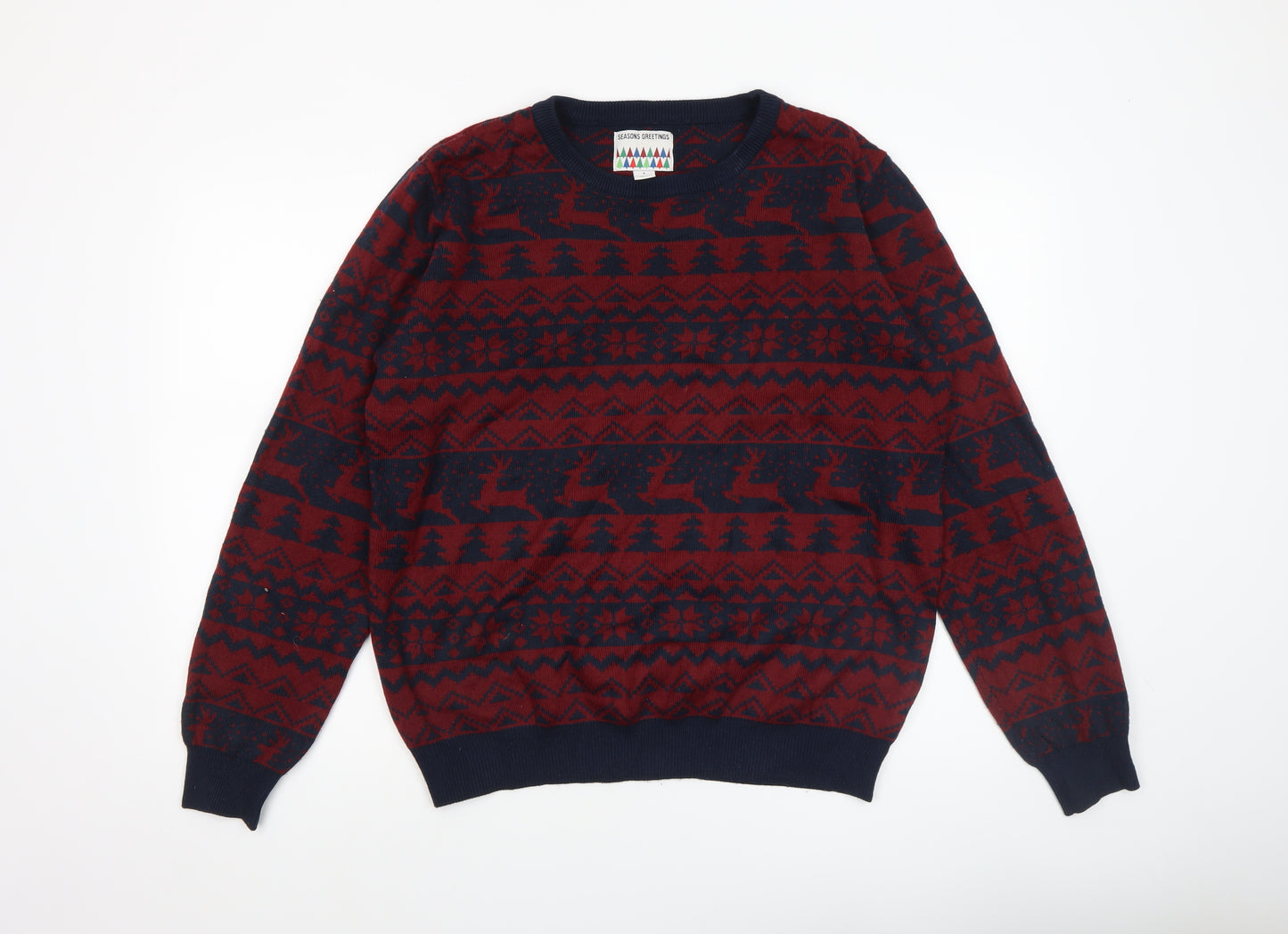 Seasons Greetings Men's Red Navy Fair Isle Christmas Jumper L